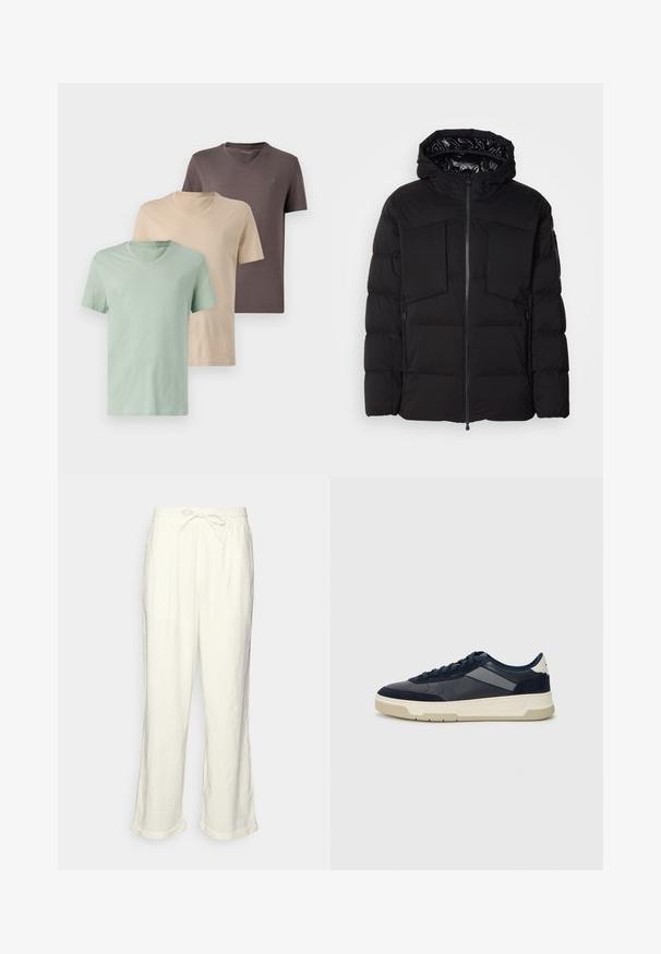 Black puffer jacket made of smooth nylon, featuring a front zipper, large chest pockets, and a hood. Padded for insulation and comfort.; Three v-neck t-shirts in muted colors: green, beige, and brown. Short sleeves, soft fabric, and a small logo on the chest of each.; Linen trousers in off-white with a drawstring waistband, slightly wide legs, and rolled cuffs for a relaxed fit. No pockets.; BOSS BALTIMORE - Trainers - open blue