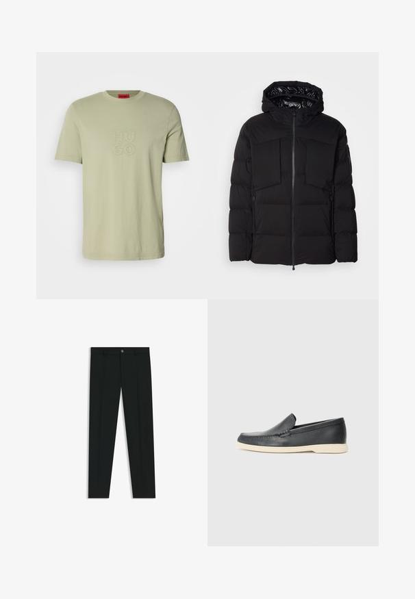 Chaqueta acolchada negra hecha de nailon suave, con cremallera frontal, grandes bolsillos en el pecho y capucha. Acolchada para aislamiento y comodidad.; Camiseta de algodón verde claro con escote redondo. Presenta un logotipo bordado "HU GO" en un color a juego en la parte frontal. Mangas cortas.; Pantalones de vestir negros con un diseño de pierna recta, hechos de una tela suave. Cuentan con un cierre frontal de botón y lazos para cinturón. Liso, sin patrones.; Mocasines de piel negra sin cordones con un acabado texturizado y una suela de goma beige en contraste. Presentan un sutil acento en la parte frontal.