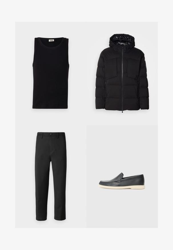 Sort pufferjakke lavet af glat nylon, med en frontlynlås, store brystlommer og hætte. Polstret for isolering og komfort.; Sort sansædet tanktop lavet af blød bomuld. Har en rund halsudskæring og lige pasform, med minimal syningdetalje.; Sort bukser med lige snit, lavet af glat stof. Har knaplukning og bæltestropper. Ingen synlige mønstre eller accenter.; Sorte læder slip-on loafers med en struktureret overflade og en kontrasterende beige gummisål. Har en subtil detalje langs forsiden.