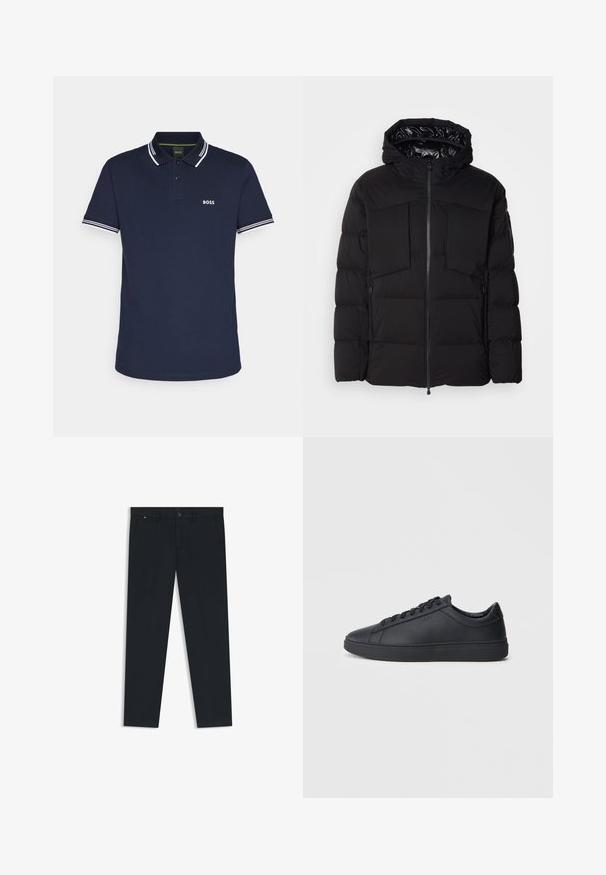 Svart pufferjacka i slät nylon, med framdragkedja, stora bröstfickor och huva. Vadderad för isolering och komfort.; Mörkblå polotröja i bomull med klassisk krage, två knappar och vitrandiga detaljer på kragen och ärmarna.; Herrens mörkblå byxor i lättviktsmaterial. Har knappstängning, bälteshällor och två sidofickor. Rakt ben-design.; Svarta sneakers i slätt läder med låg design, rund tå och platt gummisula. Har snörning och subtil branding.