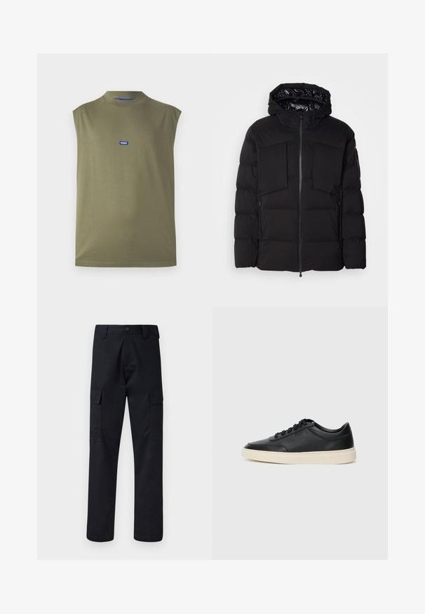 Crna puffer jakna od glatkog najlona, s prednjim patentnim zatvaračem, velikim džepovima na prsima i kapuljačom. Podstavljena za izolaciju i udobnost.; Majica bez rukava u maslinastoj boji napravljena od mekog materijala, s visokim ovratnikom i plavim HUGO logom na prsima. Glatka tekstura, minimalni dizajn.; Crne cargo hlače od čvrstog materijala, s ravnim krojem, dva bočna džepa i dugmetom za zatvaranje na pojasu.; Crne niske kožne tenisice s crnim vezicama i kremasto bijelom potplatom prikazane u bočnom profilu na bijeloj pozadini.