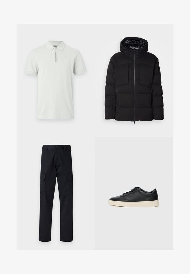 Black puffer jacket made of smooth nylon, featuring a front zipper, large chest pockets, and a hood. Padded for insulation and comfort.; Light gray polo shirt with a zippered collar, short sleeves, and a small logo patch; made from soft, smooth fabric with a subtle texture.; Black cargo pants made of sturdy fabric, featuring a straight-leg cut, two side pockets, and a button closure at the waistband.; Black low-top leather sneaker with black laces and off-white sole shown in side profile on white background.