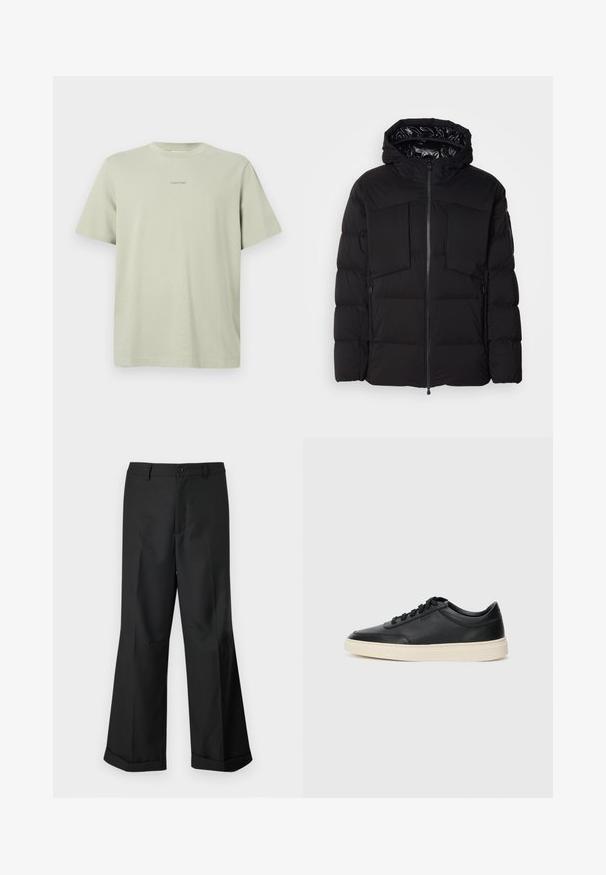 Čierna puffa bunda vyrobená z hladkého nylonu, s predným zipsom, veľkými vreckami na hrudi a kapucňou. Podšitá pre izolačné vlastnosti a pohodlie.; Svetlozelené bavlnené tričko s okrúhlym výstrihom, krátkymi rukávmi a malým logom Calvin Klein v tmavšom odtieni potlačeným na hrudi.; Čierne nohavice s širokými nohavicami a gombíkovým pásom, s manžetami na koncoch, vystavené na jednoduchom bielom pozadí.; Čierne nízkoprevádzkové kožené tenisky s čiernymi šnúrkami a krémovou podrážkou zobrazené v bočnom profile na bielom pozadí.