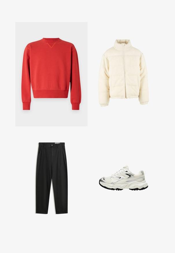 Krémová pufová bunda s vysokým golierom, predným zipsom a textúrovaným fleecovým materiálom s hladkým horným panelom.; Červená mikina s okrúhlym výstrihom a dlhými rukávmi. Hladká textúra, rebrované manžety a lem, s jemným V-švom na golieri.; Čierne bavlnené nohavice s voľným strihom, s klasickým pásom, prednými záhybmi a bočnými vreckami. Hladká textúra bez vzorov.; Biele tenisky s hornou časťou z mriežky, striebornými detailmi, čiernou podrážkou a textúrovanými panelmi. Majú šnurovací dizajn a zaoblený tvar špičky.