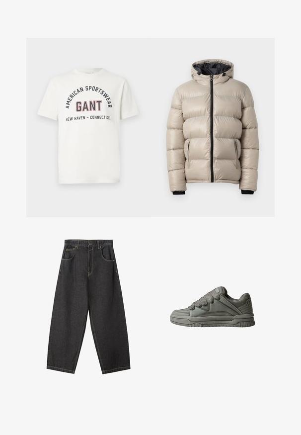 Puffer jacket in light beige, featuring a hood, front zipper, and two zippered side pockets. Textured quilted design with elastic cuffs.; White short-sleeve T-shirt with "AMERICAN SPORTSWEAR," "GANT," and "NEW HAVEN - CONNECTICUT" printed on the front in black and red letters.; Black denim wide-leg pants with yellow stitching, five-pocket design, and a mid-rise waistband. Textured fabric with a smooth finish.; Gray athletic shoe with textured leather and mesh upper, thick rubber sole, and prominent padded tongue and sides. Laces and side accents included.