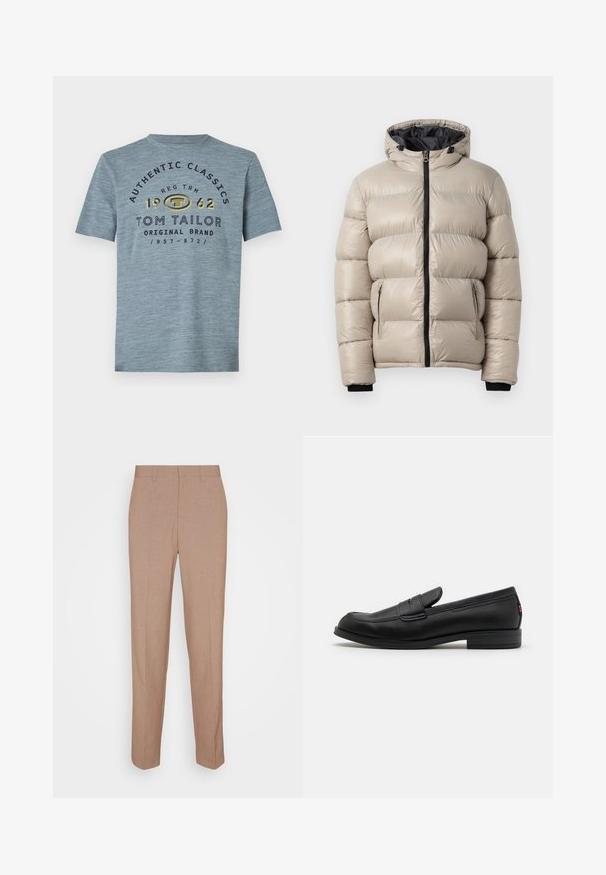 Φουσκωτό μπουφάν σε ανοιχτό μπεζ, με κουκούλα, μπροστινό φερμουάρ και δύο διακεκομμένες τσέπες στο πλάι. Υφή με κατασκευή καπιτονέ και ελαστικές μανσέτες.; Ανοιχτό μπλε βαμβακερό μπλουζάκι με στρογγυλή λαιμόκοψη, κοντά μανίκια, που διαθέτει εκτυπωμένο κείμενο σε ναυτικό μπλε και κίτρινο, συμπεριλαμβανομένου του ονόματος της μάρκας και του έτους.; Μπεζ ραμμένα παντελόνια από υφασμάτινη ύλη με υφή, που διαθέτουν ίσια γραμμή, μπροστινές τσέπες και θηλιές για ζώνη, με καθαρή φινέτσα.; Μαύρα δερμάτινα λοφράκια με απαλή επιφάνεια, στρογγυλή μύτη και μικρό διακοσμητικό καπάκι. Διαθέτουν χαμηλό ψηλό τακούνι και διακριτική λεπτομέρεια σήμανσης.