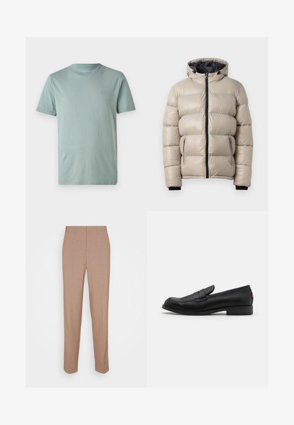 Švarkas pūkuotas, šviesiai bežinis, su gobtuvu, priekiniais užtrauktukais ir dviem užtrauktukais uždaromomis šoninėmis kišenėmis. Tekstūruotas, siūtuotas dizainas, su elastingais rankogaliais.; Šviesiai žalia trumpomis rankovėmis marškiniai, pagaminti iš minkštos medžiagos, su apvaliu kaklu ir mažu logotipu ant krūtinės. Lygi tekstūra, minimalus dizainas.; Smėlinio atspalvio siauri kostiuminiai kelnės iš lygaus, tekstūruoto audinio. Tiesaus kirpimo, su raišteliu liemens srityje, be matomų papuošimų ar kišenių.; Juodos odinės loafers' tipo bateliai su lygia apdaila, apvalia nosimi ir maža dekoratyvine kišenėle. Turi žemą sukrauto kulno ir subtilų prekės ženklo detalę.