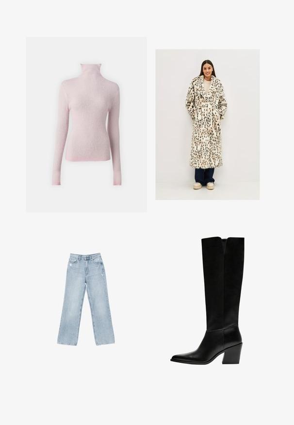 Kabát z umělé kožešiny s bílým a černým leopardím vzorem, dlouhými rukávy, velkým límcem a páskem v pase. Nosený přes světlý svetr a tmavé džíny.; MSCH Copenhagen MSCHLYRIC - Svetr - fairy tale; Světle modré džíny z džínoviny s širokými nohavicemi, s opotřebovanými detaily, pětivreckovým designem a zipovým zapínáním.; Černé kozačky po kolena vyrobené z hladké kůže, s špičatou špičkou, blokovým podpatkem a výřezem ve tvaru V na vrchu.