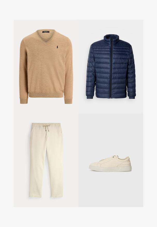 Granatowa pikowana kurtka puchowa z kołnierzem stójkowym, pełnym zamkiem błyskawicznym i elastycznymi mankietami, prezentowana na jednolitym jasnym tle.; Beżowy sweter z dekoltem w serek i długim rękawem, z prążkowanymi mankietami i dołem, z małym haftowanym granatowym logo polo na lewej piersi.; Casualne spodnie w kolorze off-white z elastycznym pasem i sznurkiem, proste nogawki i boczne kieszenie na jednolitym tle.; Beżowe skórzane sneakersy z zaokrąglonym noskiem, minimalistycznym designem, subtelnymi przeszyciami i teksturowaną cholewką, na jasnej podeszwie.