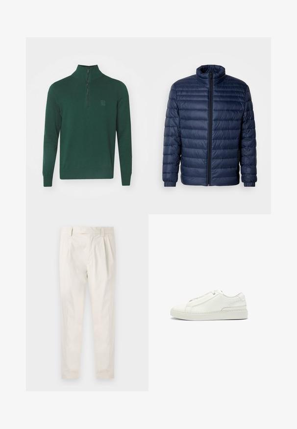 Navy blue quilted puffer jacket with stand collar, full front zipper, and elastic cuffs, displayed on plain light background.; Green knit pullover with a high collar and a quarter-length zipper. Features ribbed cuffs and hem, and a small logo patch on the chest.; White, pleated trousers with a tailored fit, featuring a smooth texture, belt loops, and tapered legs. No visible pockets or patterns.; White leather sneaker featuring a textured upper, a round toe, minimalistic design, and a rubber sole with stitched detailing.