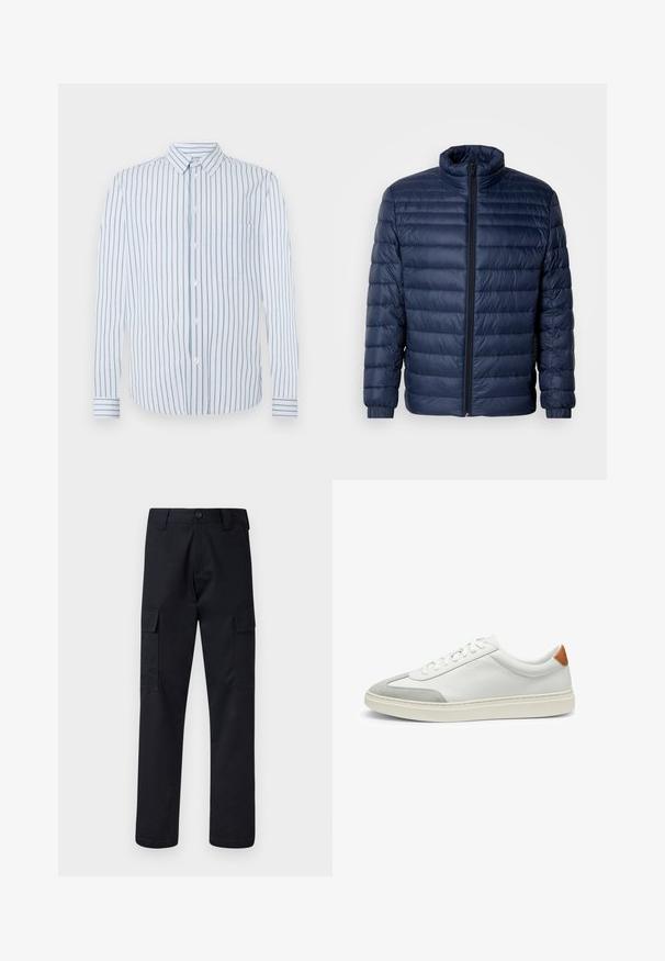 Navyblauwe gewatteerde pufferjack met staande kraag, volledige rits aan de voorkant en elastische manchetten, weergegeven op een effen lichte achtergrond.; Gestreept shirt met verticale lichtblauwe en witte strepen, knoopsluiting aan de voorkant en een enkel borstzakje. Lange mouwen met knoopmanchetten.; Zwarte cargobroek van stevig materiaal, met een rechte pijp, twee zijzakken en een knoopsluiting bij de taille.; Witte leren sneakers met grijze suede accenten en een tan leren hieltab. Kenmerkt zich door een textuurovervlak en een lichtgewicht zool.