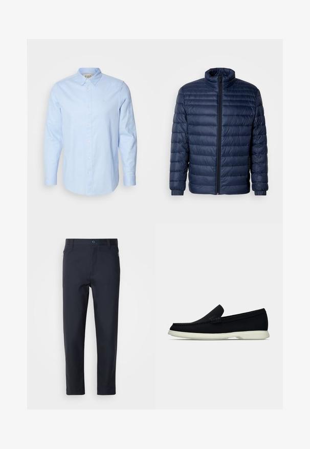 Giacca imbottita trapuntata blu navy con colletto alto, zip frontale completa e polsini elastici, esposta su uno sfondo chiaro e semplice.; Camicia azzurro chiaro a maniche lunghe con colletto abbottonato, bottoni bianchi e logo ricamato sottile sul lato sinistro del petto.; Pantaloni su misura blu navy realizzati in tessuto liscio, con tasca con zip, gamba dritta e chiusura a bottone in vita.; Scarpa nera slip-on con punta arrotondata, caratterizzata da una tomaia texture, una suola bianca liscia e un discreto logo sul lato.