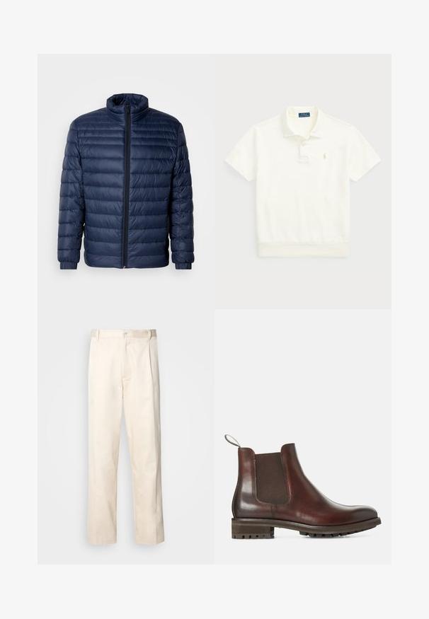 Granatowa pikowana kurtka puchowa z kołnierzem stójkowym, pełnym zamkiem błyskawicznym i elastycznymi mankietami, prezentowana na jednolitym jasnym tle.; Polo Ralph Lauren - Koszulka polo; Beżowe bawełniane spodnie o prostym kroju nogawki, z zapięciem na guziki i plisami z przodu dla dodatkowego zdobienia.; Brązowe skórzane botki Chelsea z elastycznymi panelami bocznymi, pętlą do zakupu i teksturowaną gumową podeszwą. Gładkie wykończenie z wytrzymałym, niskim obcasem.