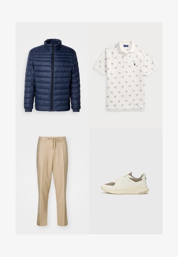 Mornarsko modra prešitna puffer jakna s stoječim ovratnikom, celotnim sprednjim zadrgo in elastičnimi manšeti, prikazana na enolični svetli podlagi.; Bela polo majica iz bombaža, ki vsebuje ponovljen modri vzorec psov in majhen modri logotip na prsih. Kratki rokavi in ovratnik.; Bež hlače s prilagojenim pasom, ravnimi nogami in dvema stranskima žepoma. Narejene so iz gladkega materiala in imajo jasne plisirane detajle.; Beli in svetlo bež športni copat, s mrežastim zgornjim delom, perforiranimi detajli in teksturirano srednjim delom z blagovno znamko na peti.