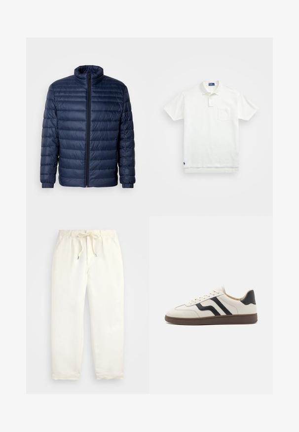 Tumesinine tikandiga puhvjakas, millel on püsimüts, täispikk tõmblukk ja elastsed mansetid, esitatud lihtsal heledal taustal.; Valge polo särk, mis on valmistatud puuvillast, klassikalise kraega, kolme nööbiga kinnitusega ja vasakul rinnal taskuga; väike logo helmel.; Hele kreemjad, mugavad püksid pehmest kangast. Omavad elastset vöökohta stringiga ning kitsenevat jala disaini.; Valged nahast tennised mustade triipudega, pruuni kummitald, ümar varvas ja sidepingutusega esikülg. Kuldne logo detail küljel.