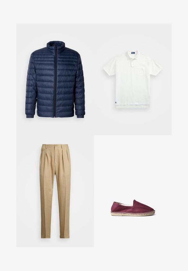 Navyblauwe gewatteerde pufferjack met staande kraag, volledige rits aan de voorkant en elastische manchetten, weergegeven op een effen lichte achtergrond.; Witte poloshirt van katoen, met een klassieke kraag, een knoopsluiting met drie knopen en een borstzak aan de linkerkant; klein logo aan de onderrand.; Beige linnen broek met een rechte snit, voorzien van twee voorplooien, een knoopsluiting en zijzakken. Gestructureerde stof met een gladde afwerking.; Toni Pons MONTGRI - Instappers - bordeaux