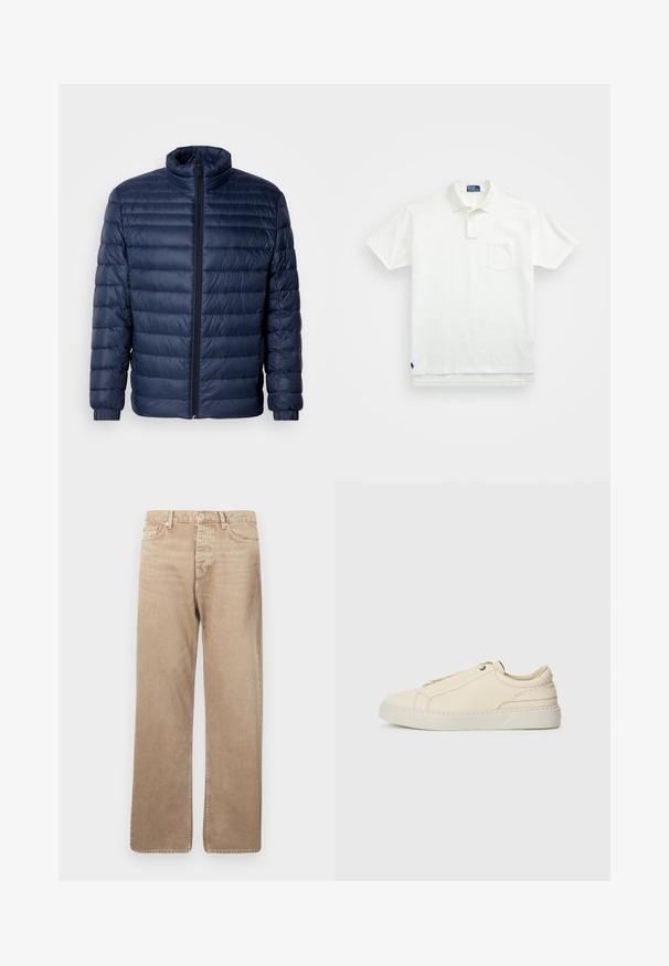 Námornícky modrá prešívaná puffer bunda so stojačikovým golierom, plným predným zipsom a elastickými manžetami, vystavená na jednoduchom svetlom pozadí.; Biela polo tričko vyrobené z bavlny, s klasickým golierom, trojbuttonovou légou a vreckom na ľavej hrudi; malé logo na spodnom leme.; Béžové džínsové nohavice so strait fit, s piatimi vreckami, zapínaním na gombík a kontrastným prešívaním. Hladká textura a minimálne opotrebovanie.; Beige kožené tenisky s okrúhlou špičkou, minimalistickým dizajnom, jemnými švy a textúrovaným povrchom, na svetlej podrážke.