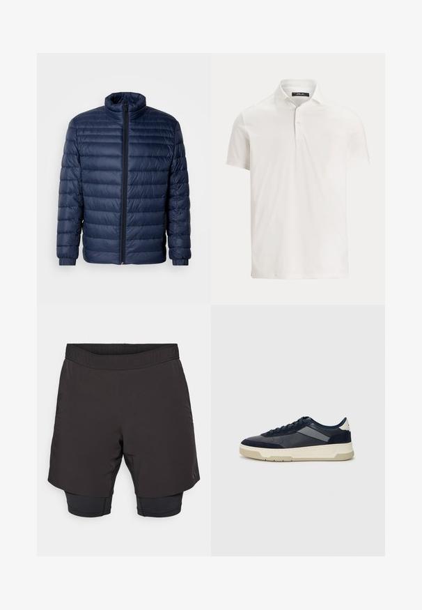 Casaco acolchoado em azul marinho com colarinho alto, fecho frontal completo e punhos elásticos, exibido sobre um fundo claro e simples.; Polo de manga curta branco para homem, com gola, dois botões e um logótipo subtil na etiqueta no interior da gola.; Calções atléticos pretos com um cós elástico, apresentando uma camada externa mais curta e uma camada interna ajustada, feitos de um tecido leve.; BOSS BALTIMORE - Sapatilhas - open blue