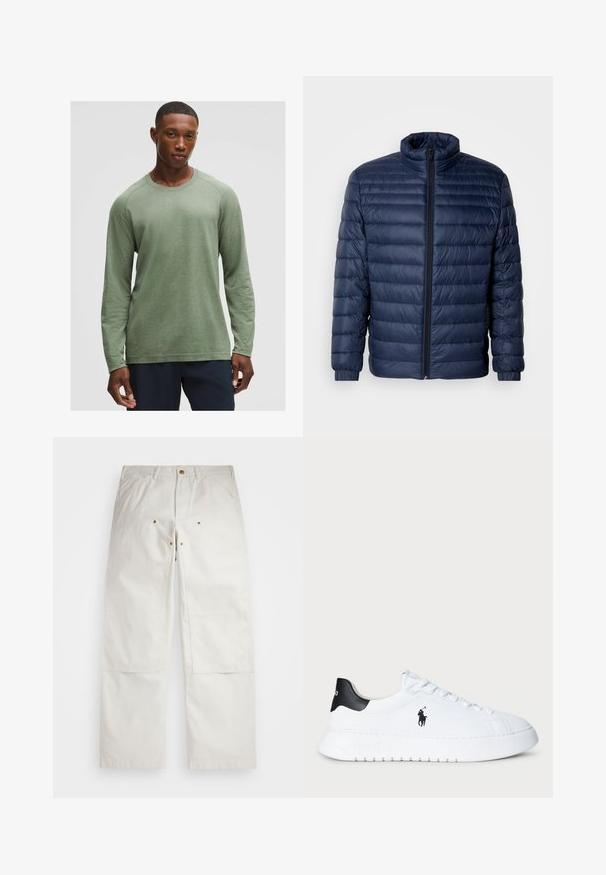 Námornícky modrá prešívaná puffer bunda so stojačikovým golierom, plným predným zipsom a elastickými manžetami, vystavená na jednoduchom svetlom pozadí.; Hnedá košeľa s dlhými rukávmi v tlmenej zelenej farbe s textúrovaným vzorom, okrúhlym výstrihom a raglánovými rukávmi, vyrobená z mäkkého, ľahkého materiálu.; Biele bavlnené nohavice s voľným strihom, s prednými vreckami, zlatými kovovými akcentmi a detailmi na kolenách.; Biele nízke tenisky s čiernym opakom na päte a čiernym logom Polo Ralph Lauren na boku, so bielymi šnúrkami a hrubou gumovou podrážkou.