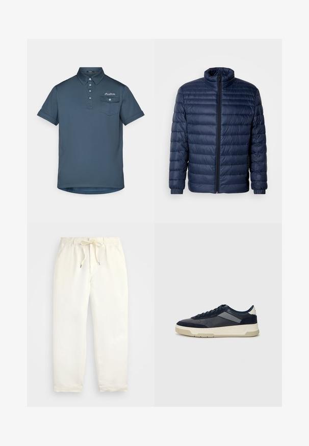 Granatowa pikowana kurtka puchowa z kołnierzem stójkowym, pełnym zamkiem błyskawicznym i elastycznymi mankietami, prezentowana na jednolitym jasnym tle.; Granatowa koszulka polo z kołnierzykiem i zapięciem na trzy guziki. Posiada kieszonkę na lewym piersiowym oraz subtelny haft z logo. Krótkie rękawy.; Jasna kremowa, casualowa para spodni wykonanych z miękkiego materiału. Posiada elastyczny pas ze sznurkiem i zwężający się krój nogawek.; BOSS BALTIMORE niebieski