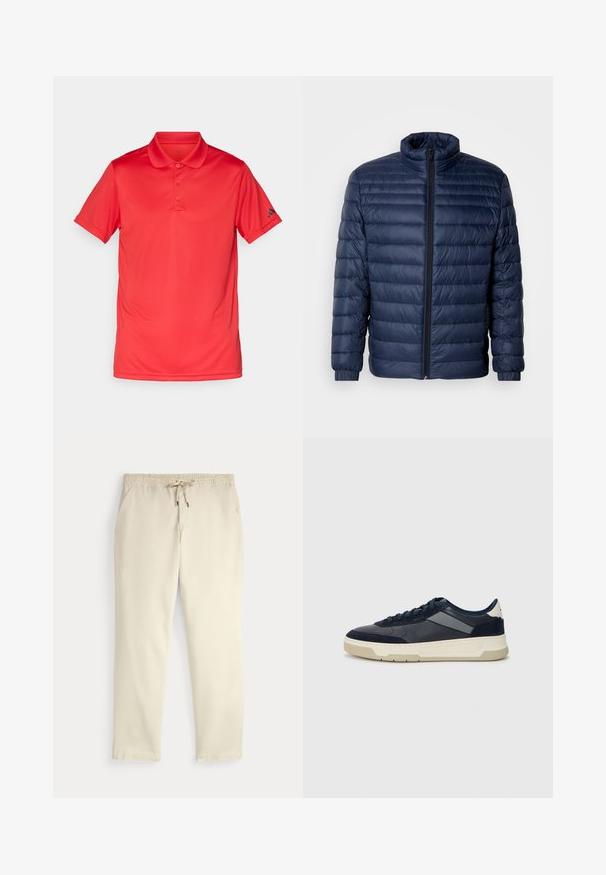Marinblå vadderad pufferjacka med ståkrage, fullständig dragkedja framtill och elastiska ärmslut, visad på en ljus enfärgad bakgrund.; Röd kortärmad polo med tre knappar och krage, med en liten svart logotyp på vänster ärm, visad på en vit bakgrund.; Off-white casual byxor med elastisk midja och snörning, raka ben och sidofickor mot en enfärgad bakgrund.; BOSS BALTIMORE - Sneakers - open blue
