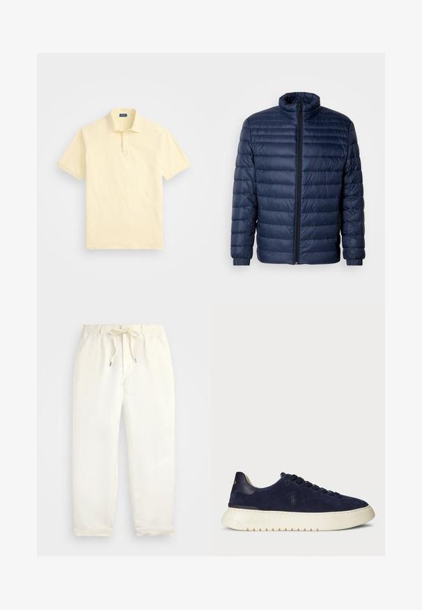Granatowa pikowana kurtka puchowa z kołnierzem stójkowym, pełnym zamkiem błyskawicznym i elastycznymi mankietami, prezentowana na jednolitym jasnym tle.; Koszulka polo w jasnym żółtym kolorze, krótki rękaw, materiał bawełniany, klasyczny kołnierzyk, subtelne logo na piersi, kontrastowe obszycie kołnierzyka.; Jasna kremowa, casualowa para spodni wykonanych z miękkiego materiału. Posiada elastyczny pas ze sznurkiem i zwężający się krój nogawek.; Granatowe zamszowe sneakersy typu low-top z teksturowaną powierzchnią, gumową podeszwą i tonowymi sznurowadłami, z małym logo po boku i na pięcie.
