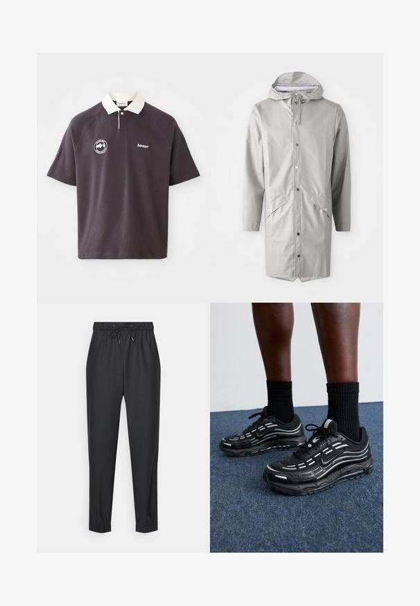 Capa de chuva impermeável cinza claro com capuz, fecho de botão de pressão, dois bolsos frontais e bainha reta. Textura suave e brilhante.; Camisa polo cinza escuro com colarinho branco, logotipo bordado no peito e mangas raglan curtas. Feita de um material suave.; Calças de jogging pretas feitas de um material macio e elástico. Apresentam uma cintura elástica com cordão, pernas ajustadas e punhos nos tornozelos.; Os sapatos pretos da Nike apresentam um upper em malha com riscas de destaque, atacadores texturizados e uma sola de borracha preta. Usados com meias pretas caneladas.