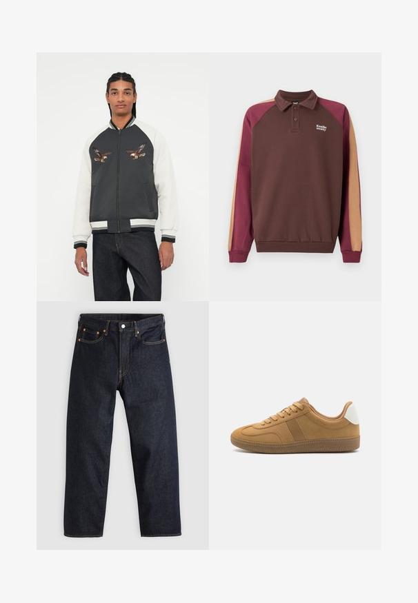 Bomber jacket yang menampilkan badan abu-abu gelap, lengan putih, dan desain burung elang bordir. Ritsleting di bagian depan, cuff dan pinggang bergerigi, serta saku samping.; Paita polo pitkähihaisena ruskeana, jossa burgundinpunaiset ja béige-väriset väri-blokatut hihat sekä pieni valkoinen "Kaotiko society" -logo rinnassa.; Beige puuvillane t-särk ümmarguse kaeluse ja lühikeste varrukatega. Rinnal on samas värvitoonis tähelepandamatu "Levi's" logo. Pehme tekstuur.; Tummansinisiä farkkuja, joissa on suora leikkaus, viisi taskua, kontrastiväriset oranssit tikkaukset ja napitus. Ei näkyviä kuvioita tai koristeita.; Call it Spring IMPALLA - Matalavartiset tennarit - tan