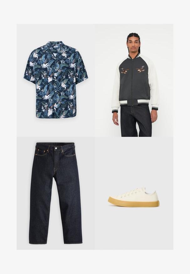 Bomberjack met een donkergrijze romp, witte mouwen en geborduurde arendontwerpen. Geribbelde manchetten en tailleband, rits sluiting en zijzakken.; Korte mouw shirt in donkerblauw met een bloemenprint. Bevat tropische bladeren en witte bloemen, met een kraaghals en knoopsluiting.; Beige katoenen T-shirt met een ronde hals en korte mouwen. Bevat een subtiel 'Levi's' logo in dezelfde kleur op de borst. Zachte textuur.; Donkerblauwe denim jeans met een rechte snit, vijf zakken, contrasterende oranje stiksels en een knoopsluiting. Geen zichtbare patronen of versieringen.; Canvas sneakers in off-white met een ronde neus, voorzien van beige rubberen zolen en vijf oogjes voor veters, met een gestructureerde afwerking op de bovenkant.