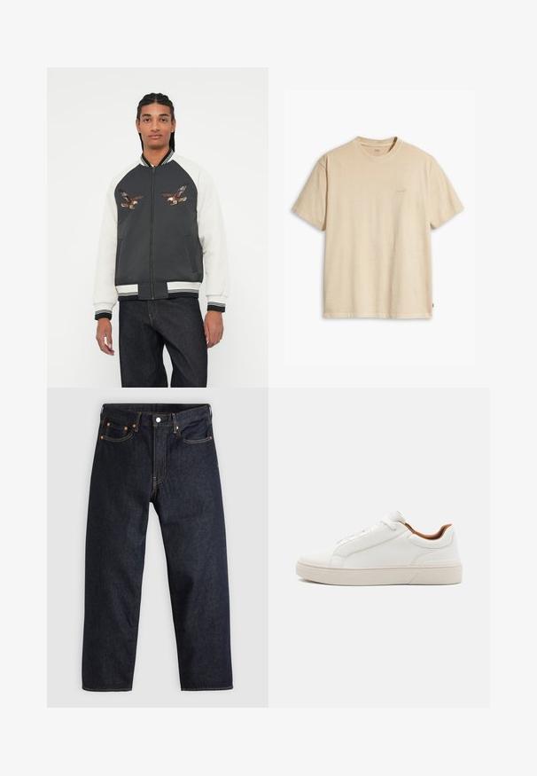 Bomber-jakk, millel on tumehall kere, valged varrukad ja tikitud kotka disain. Ribitud mansetid ja vöökoht, tõmblukk ning küljetaskud.; Beige puuvillane T-särk ümmarguse kaeluse ja lühikeste varrukatega. Rinnal on peene "Levi's" logo samas värvis. Pehme tekstuur.; Tumedad sinised teksad sirge lõikega, viie taskuga, kontrastsete oranžide õmblustega ja nööpide kinnitusega. Ilma nähtavate mustrite või kaunistusteta.; ALDO LUTON - Tossud - white