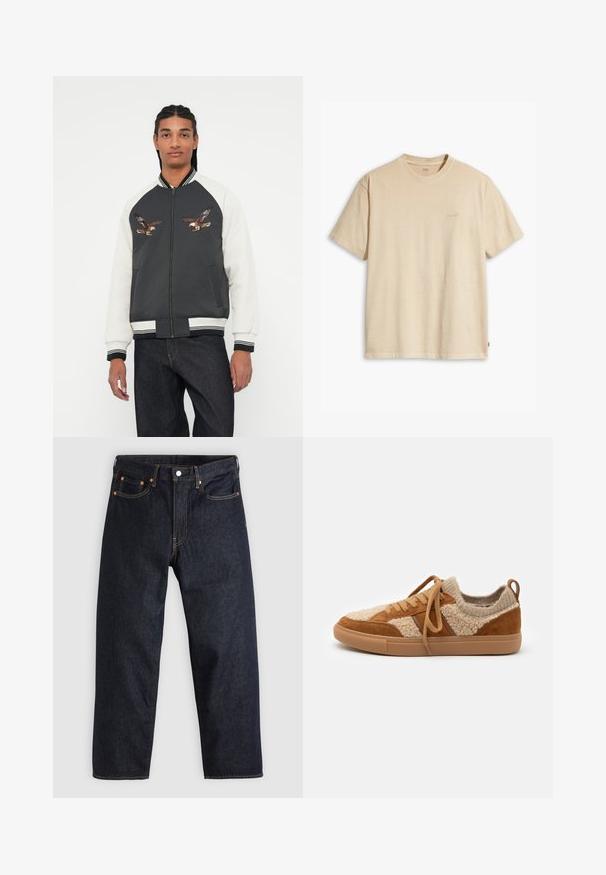 Bomberjacka med en mörkgrå kropp, vita ärmar och broderade örn-designs. Ribbad mudd vid ärmar och midja, dragkedjestängning och sidfickor.; Beige bomulls-t-shirt med rund hals och korta ärmar. Har en subtil "Levi's" logotyp i samma färg på bröstet. Mjuk textur.; Mörkblå denimjeans med rak passform, fem fickor, kontrasterande orange sömmar och knappgylf. Inga synliga mönster eller dekorationer.; Sandal och beige sneakers med övre i en blandning av mocka och ull, rund tå, bomullssnören och gummisula. Texturerad yta och kontrasterande färgpaneler.
