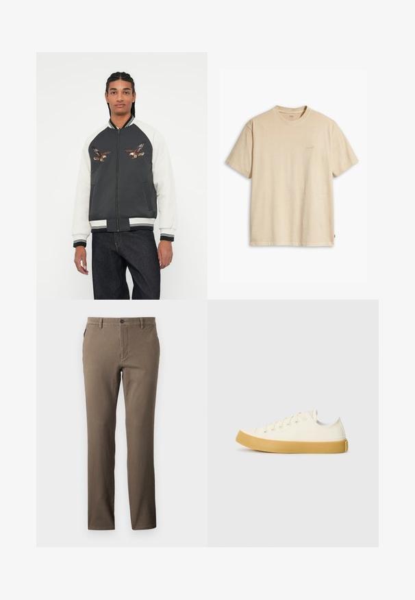 Bunda bomber s tmavě šedým tělem, bílými rukávy a vyšitými designy orla. Rúbkované manžety a pas, zipové zapínání a postranní kapsy.; Béžové bavlněné tričko s kulatým výstřihem a krátkým rukávem. Na hrudi má decentní logo "Levi's" ve stejné barvě. Měkká textura.; Hnědé kalhoty s rovnými nohavicemi vyrobené z bavlny s hladkou texturou, s předními kapsami a jednobutonovým zapínáním v pase.; Plátěné tenisky v krémové barvě s kulatou špičkou, s béžovými gumovými podešvami a pěti očky na tkaničky, texturovaný povrch horní části.