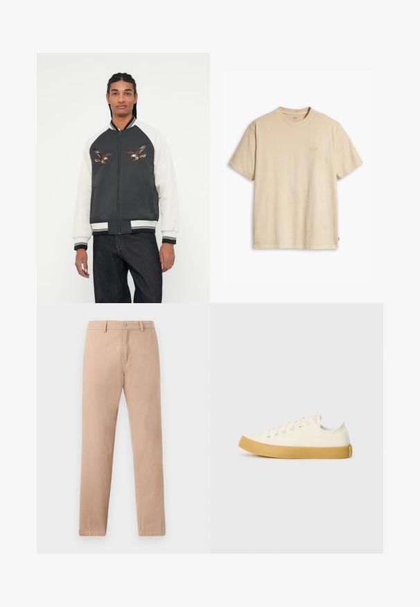 Jaqueta bomber com um corpo cinza escuro, mangas brancas e designs de águia bordados. Punhos e cintura canelados, fecho de zip e bolsos laterais.; T-shirt de algodão bege com decote redondo e mangas curtas. Apresenta um discreto logo "Levi's" na mesma cor no peito. Textura suave.; Calças bege de perna reta em tecido de algodão. Apresentam um fecho com botão e passantes para cinto. Textura suave com um design minimalista.; Sapatilhas de tela em off-white com biqueira redonda, apresentando solas de borracha bege e cinco ilhós para atacadores, acabamento texturizado na parte superior.