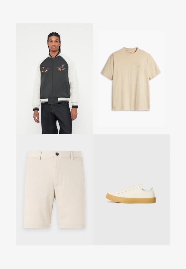 Bomber-jakk, millel on tumehall kere, valged varrukad ja tikitud kotka disain. Ribitud mansetid ja vöökoht, tõmblukk ning küljetaskud.; Beige puuvillane T-särk ümmarguse kaeluse ja lühikeste varrukatega. Rinnal on peene "Levi's" logo samas värvis. Pehme tekstuur.; Kerged värvuse lühikesed püksid, mis on valmistatud kerge materjali, millel on esine nuppude sulgemine, vöökohtade augud ja sile tekstuur. Alumine äär on sirge.; Kangasneakerid kreemjas valges, ümmarguse varbaga, beeži kummitaldaga ja viie silmaga paelte jaoks, tekstuurse viimistlusega ülaserv.