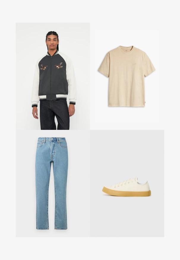 Veste bombardier avec un corps gris foncé, des manches blanches et des motifs d'aigle brodés. Poignets et taille côtelés, fermeture éclair et poches latérales.; T-shirt en coton beige avec un col rond et des manches courtes. Présente un logo "Levi's" subtil de la même couleur sur la poitrine. Texture douce.; Jean en denim bleu clair avec une coupe droite, dotée de coutures orange, d'une fermeture à bouton et d'un design classique à cinq poches.; Des baskets en toile couleur écru avec un bout rond, dotées de semelles en caoutchouc beige et de cinq œillets pour les lacets, avec une finition texturée sur la tige.
