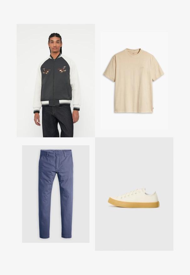 Spidola ar tumši pelēku korpusu, baltām piedurknēm un izšūtiem ērgļa dizainiem. Ribotas aproces un josta, ar rāvējslēdzēju un sānu kabatām.; Bežs kokvilnas T-krekls ar apaļu apkakli un īsām piedurknēm. Priekšpusē ir smalka "Levi's" logo tajā pašā krāsā. Mīksta tekstūra.; Vidēja zila nokrāsa chinos biksēm, izgatavotas no kokvilnas, ar standarta sašaurinātu piegriezumu, priekšējām kabatām un gludu tekstūru.; Kanvasas tenisa apavi ofē un balta krāsā ar apaļu purngali, ar beicu gumijas zole un piecām acīm šņorēšanai, teksturēta virsma augšdaļā.