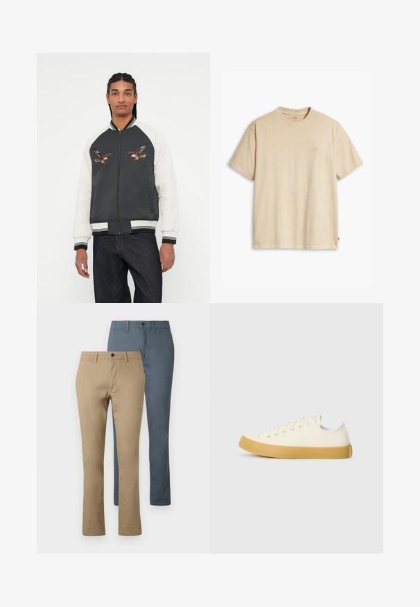 Bomber bunda s tmavošedým telom, bielymi rukávmi a vyšitými dizajnmi orla. Rybkované manžety a pás, zipsový uzáver a bočné vrecká.; Béžové bavlnené tričko s okrúhlym výstrihom a krátkymi rukávmi. Na hrudi je jemné logo "Levi's" v tej istej farbe. Mäkká textúra.; Dvoje nohavíc s rovnými nohavicami: jedny v khaki farbe a jedny v tmavomodrej. Vyrobené z bavlny; majú pás s gombíkovým zapínaním.; Plátne tenisky v off-white farbe s okrúhlym špičkou, s béžovými gumovými podrážkami a piatimi dierkami na šnúrky, textúrovaný povrch na hornej časti.