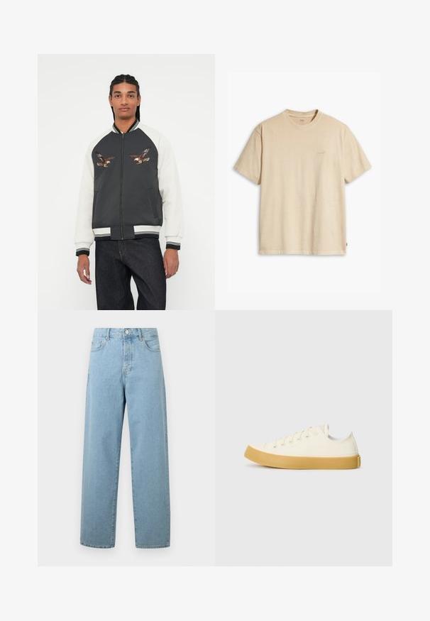 Bomberjakke med en mørkegrå kropp, hvite ermer og broderte ørn-design. Ribbestrikkede mansjetter og linning, glidelås og sidelommer.; Beige bomull T-skjorte med rund hals og korte ermer. Har en subtil "Levi's" logo i samme farge på brystet. Myk tekstur.; Lys blå vide jeans laget av denim, med frontlukking med knapp, tradisjonell femlommers design og avslappet passform.; Canvas sneakers i off-white med rund tå, med beige gummisåler og fem hull for lisser, strukturert finish på overdelen.