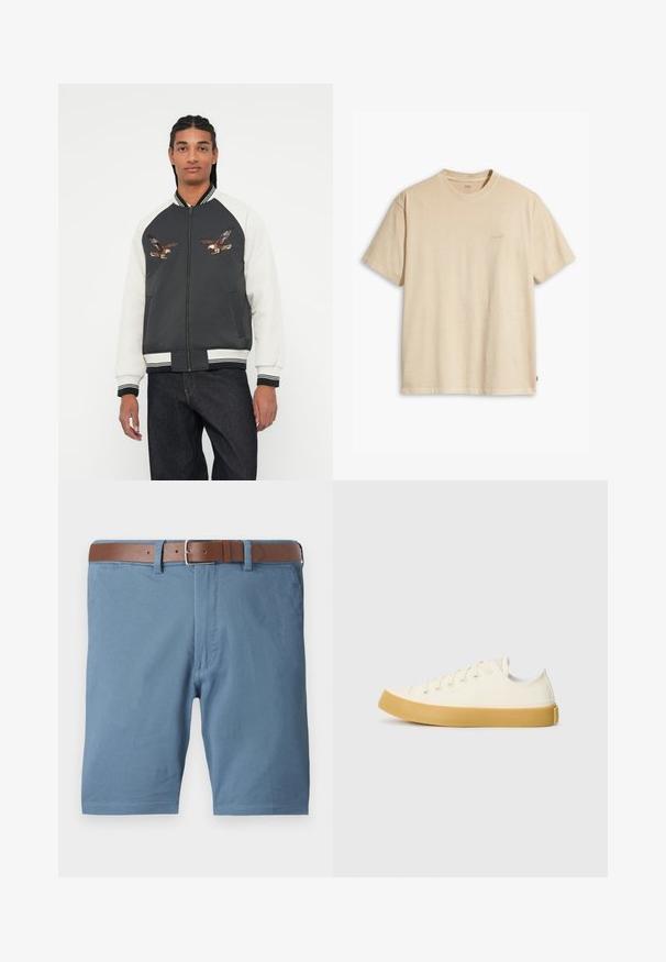 Bomberska jakna z temno sivo telo, belimi rokavi in vezenimi orlovi oblikami. Ribičasti manšeti in pas, zadrga in stranske žepe.; Bež majica s kratkimi rokavi iz bombaža z okroglim izrezom. Na prsih ima subtilen logotip "Levi's" v isti barvi. Mehka tekstura.; Modri bombažni kratki hlače z rjavim usnjenim pasom, ravnega kroja, sprednjimi žepi in čistim zaključkom na robovih.; Platnene superge v off-white barvi z okroglim nosom, z bež gumijastimi podplati in petimi odprtinami za vezalke, z zrnato površino na zgornjem delu.