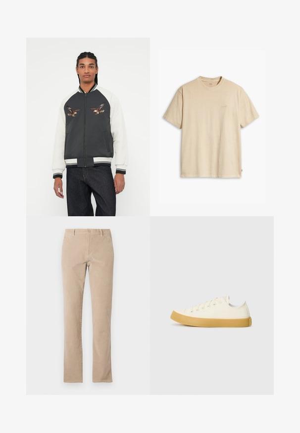 Spidola ar tumši pelēku korpusu, baltām piedurknēm un izšūtiem ērgļa dizainiem. Ribotas aproces un josta, ar rāvējslēdzēju un sānu kabatām.; Bežs kokvilnas T-krekls ar apaļu apkakli un īsām piedurknēm. Priekšpusē ir smalka "Levi's" logo tajā pašā krāsā. Mīksta tekstūra.; Beige kokvilnas korduroja bikses ar taisnu kāju dizainu, ar pogu aizdari, piecām kabatām un gludu tekstūru.; Kanvasas tenisa apavi ofē un balta krāsā ar apaļu purngali, ar beicu gumijas zole un piecām acīm šņorēšanai, teksturēta virsma augšdaļā.