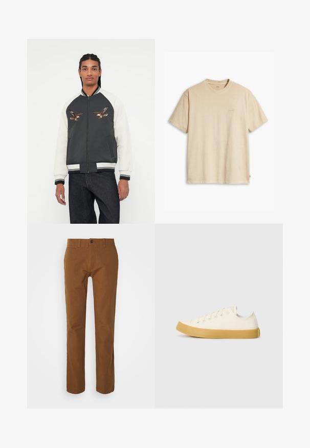 Bomber jakna s tamnosivim tijelom, bijelim rukavima i vezom s dizajnom orla. Ribljeni manžeti i pojas, zatvaranje na patentni zatvarač i bočni džepovi.; Bež pamučna majica s okruglim izrezom i kratkim rukavima. Sadrži suptilan "Levi's" logo iste boje na prsima. Mekana tekstura.; Smeđe chino hlače s uskim krojem, ravnim prednjim dijelom, dva prednja džepa i jednim dugmetom za zatvaranje u struku. Izrađene su od laganog materijala.; Platnene tenisice u boji slonovače s okruglim vrhom, s bež gumenim potplatima i pet rupa za vezivanje, teksturalna površina na gornjem dijelu.