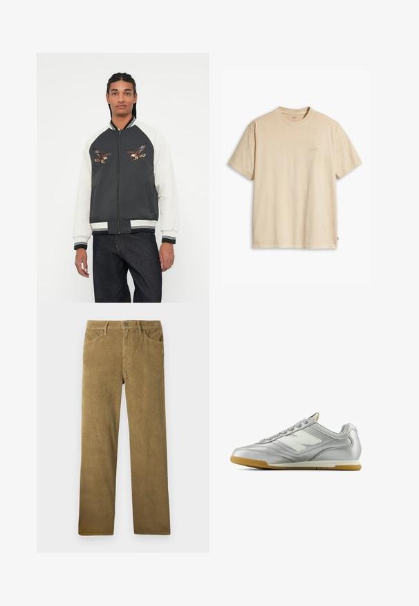 Bomber jacket featuring a dark gray body, white sleeves, and embroidered eagle designs. Ribbed cuffs and waistband, zip closure, and side pockets.; Beige cotton t-shirt with a round neck and short sleeves. Features a subtle "Levi's" logo in the same color on the chest. Soft texture.; Corduroy trousers in a khaki color with a straight cut, featuring vertical ribbed texture, belt loops, and front pockets.; Silver athletic shoe with a smooth, shiny surface, white logo on the side, textured gray laces, and a gum rubber sole.