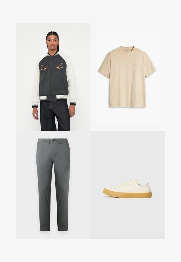 Bomberjakke med en mørkegrå kropp, hvite ermer og broderte ørn-design. Ribbestrikkede mansjetter og linning, glidelås og sidelommer.; Beige bomull T-skjorte med rund hals og korte ermer. Har en subtil "Levi's" logo i samme farge på brystet. Myk tekstur.; Grå bomullschinos med slim fit, med frontknappstängning, två sidfickor och en mjuk textur. Elegant design.; Canvas sneakers i off-white med rund tå, med beige gummisåler og fem hull for lisser, strukturert finish på overdelen.