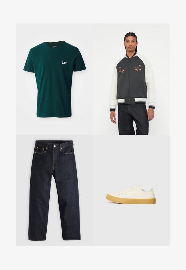 Bunda bomber s tmavě šedým tělem, bílými rukávy a vyšitými designy orla. Rúbkované manžety a pas, zipové zapínání a postranní kapsy.; Tmavě zelené bavlněné tričko s kulatým výstřihem, krátkými rukávy a bílým vyšitým logem "Lee" na levé hrudi.; Tmavomodré džíny z denimu se straight střihem, pěti kapsami, kontrastním oranžovým šitím a knoflíkovým zapínáním. Žádné viditelné vzory ani ozdoby.; Plátěné tenisky v krémové barvě s kulatou špičkou, s béžovými gumovými podešvami a pěti očky na tkaničky, texturovaný povrch horní části.