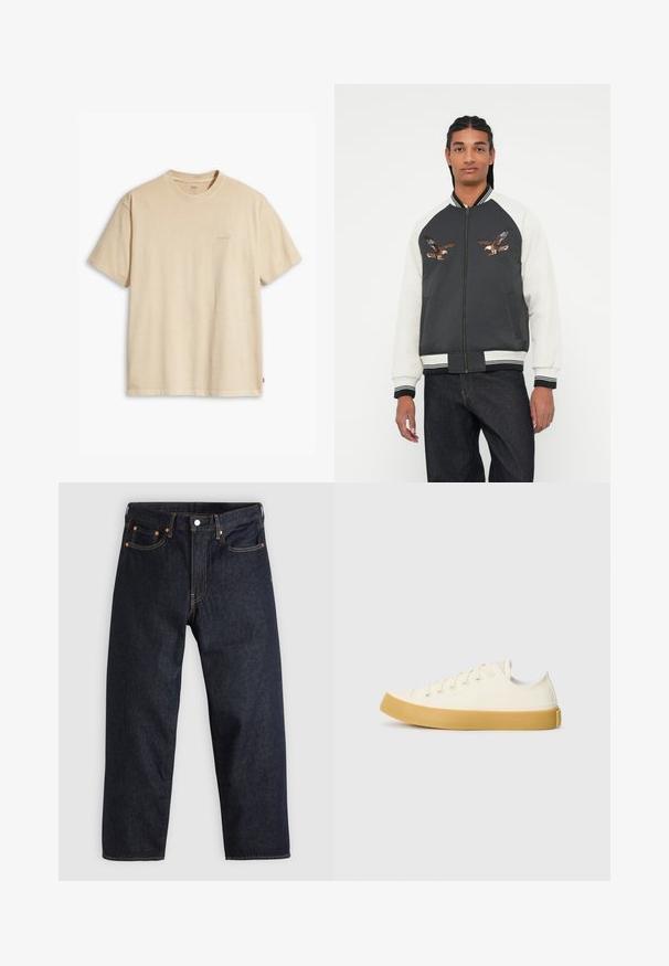 Bunda bomber s tmavě šedým tělem, bílými rukávy a vyšitými designy orla. Rúbkované manžety a pas, zipové zapínání a postranní kapsy.; Béžové bavlněné tričko s kulatým výstřihem a krátkým rukávem. Na hrudi má decentní logo "Levi's" ve stejné barvě. Měkká textura.; Tmavomodré džíny z denimu se straight střihem, pěti kapsami, kontrastním oranžovým šitím a knoflíkovým zapínáním. Žádné viditelné vzory ani ozdoby.; Plátěné tenisky v krémové barvě s kulatou špičkou, s béžovými gumovými podešvami a pěti očky na tkaničky, texturovaný povrch horní části.