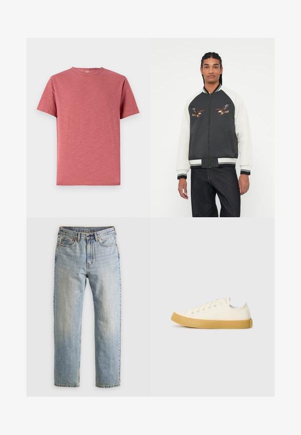 Kurtka bomber w ciemnoszarym korpusie, białych rękawach i haftowanymi wzorami orła. Żebrowane mankiety i pas, zamek błyskawiczny oraz kieszenie boczne.; Koszulka z krótkim rękawem, okrągłym dekoltem w lekko różowym kolorze, wykonana z miękkiej bawełny o gładkiej teksturze i prostym designie.; Jasnoniebieskie dżinsy z wysokim stanem, z guzikiem z przodu, zamkiem błyskawicznym i pięcioma kieszeniami, ułożone na płasko na neutralnym tle.; Płócienne sneakersy w odcieniu ecru z okrągłym noskiem, charakteryzujące się beżowymi gumowymi podeszwami i pięcioma otworami na sznurówki, z teksturowanym wykończeniem cholewy.