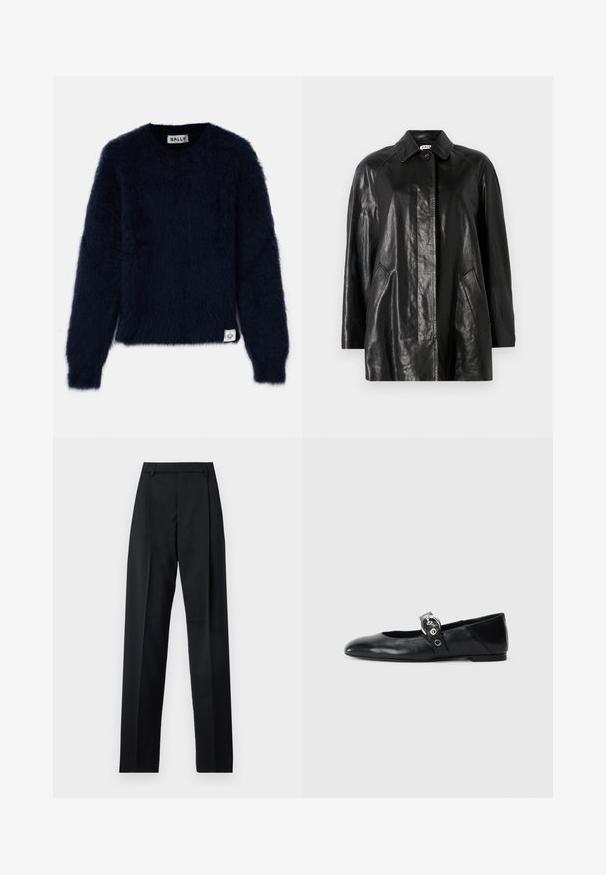 Mustahduri nahkakuorinen takki, jossa on kauluksen ympäri oleva kaulus, etuosan napitus, kaksi sivutaskua ja rento istuvuus. Suuri rakenne ja minimalistinen muotoilu.; Tummansininen neulepaita, jossa on pörröinen tekstuuri, pyöreä pääntie ja pitkät hihat. Vasemmassa alakulmassa on etiketti.; Musta housut, jotka on valmistettu sileästä kankaasta ja joissa on korkea vyötärö, leveät lahkeet, etukaarteet ja klassiset vyölenkit. Ei näkyviä sivutaskuja.; Mustat nahka ballet-mokkasiinit, joissa on kärjellinen muoto, ympyrämäinen metallinen solki ja tasapohja.