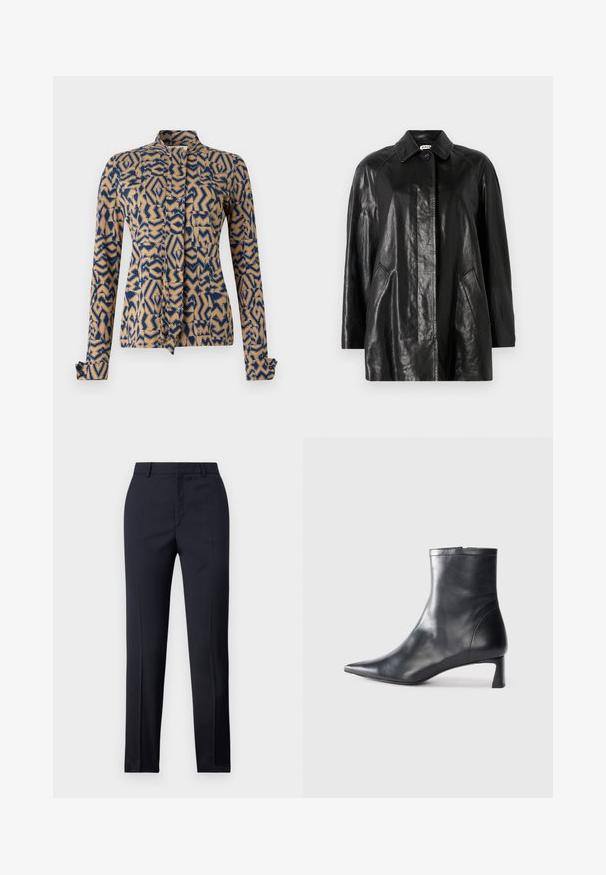 Čierna kožená bunda s golierom, predným zapínaním na gombíky, dvoma bočnými vreckami a voľným strihom. Hladká textúra a minimalistický dizajn.; Vzorovaný kabát v námorníckej modrej a béžovej farbe so geometrickými dizajnmi. Dlhé rukávy s manžetami na gombíky, mandarínsky golier a predné viazanie na uzol.; Námornícke nohavice s rovnými nohavicami, so hladkou textúrou, dvoma prednými vreckami a čistým pásom.; Čierne kožené členkové topánky s špicatou špičkou a elegantným dizajnom. Majú nízky podpätok a zips na zadnej strane. Hladká textúra.