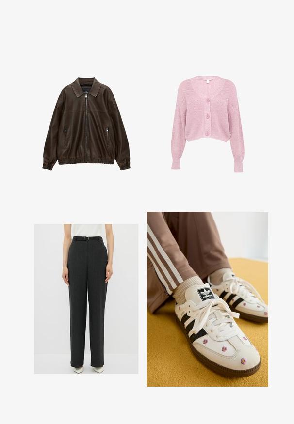 Bruin leren bomberjack met een kraag, twee ritssluitingen, elastische tailleband en een gestructureerde afwerking. Zacht, casual ontwerp.; Roze cropped cardigan met V-hals, lange mouwen, en een gestructureerd breipatroon, voorzien van vier knopen aan de voorkant en ribgebreide manchetten.; Twee lange mouwen turtleneck tops, één wit en één zwart, gemaakt van een gladde, rekbare stof, beide met een slank passend ontwerp en hoge kraag.; Aangepaste high-waisted broek van donkergrijze stof met verticale streepjes, voorzien van zijzakken en een bijpassende zwarte riem.; Witte leren sneakers met drie zwarte strepen en bloemenborduurwerk in paars en geel. Bruine rubberen zool. Gecombineerd met beige geribde sokken.