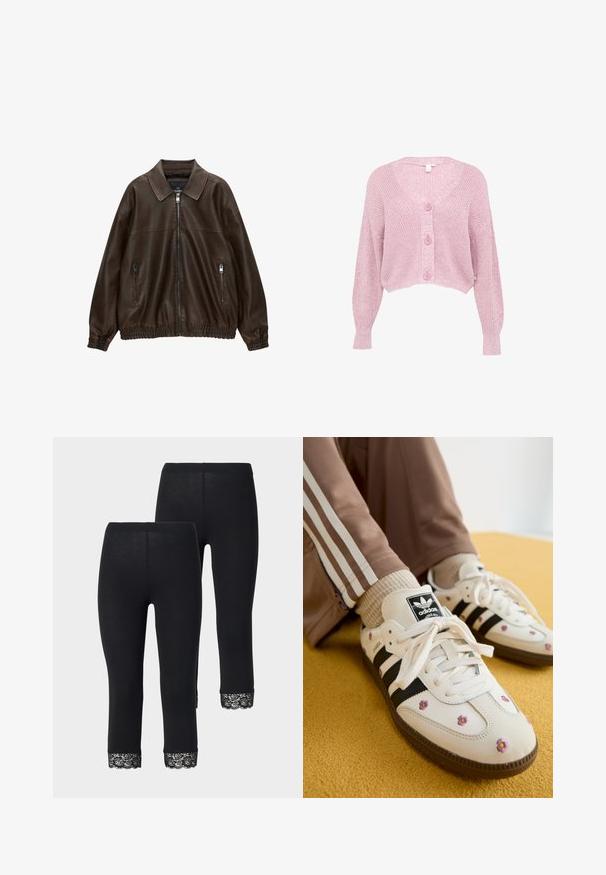 Bruin leren bomberjack met een kraag, twee ritssluitingen, elastische tailleband en een gestructureerde afwerking. Zacht, casual ontwerp.; Roze cropped cardigan met V-hals, lange mouwen, en een gestructureerd breipatroon, voorzien van vier knopen aan de voorkant en ribgebreide manchetten.; Twee lange mouwen turtleneck tops, één wit en één zwart, gemaakt van een gladde, rekbare stof, beide met een slank passend ontwerp en hoge kraag.; Zwarte leggings met een nauwsluitend ontwerp, voorzien van kantdetails aan de zoom, gemaakt van een zachte, rekbare stof.; Witte leren sneakers met drie zwarte strepen en bloemenborduurwerk in paars en geel. Bruine rubberen zool. Gecombineerd met beige geribde sokken.